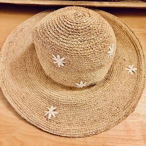 Designer Tracy Watts Sun Hat Raffia with White Daisy Embellishments.